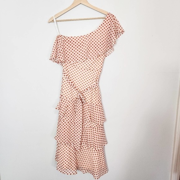 NWT Lulus Doting Dots Cream Polka Dot Tiered One Shoulder Ruffle Midi Dress XS - Picture 3 of 15